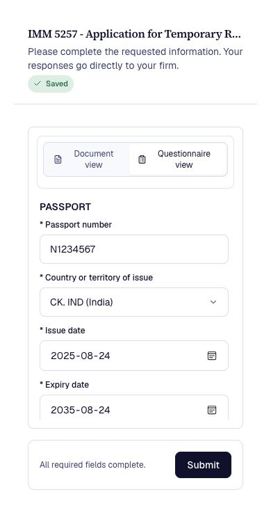 NorthStar Questionnaire view in iPhone Safari, with passport number, country of issue and passport dates.
